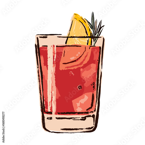 Hand drawn illustration of a refreshing red cocktail with a lemon slice and rosemary garnish. Isolated vector art of a summer drink on a transparent background.