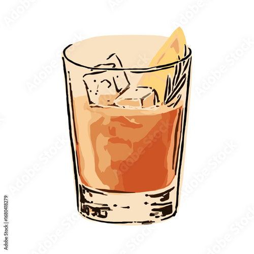 Hand drawn illustration of a classic cocktail on the rocks with a citrus garnish. Sketchy, modern vector art of an alcoholic beverage.