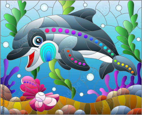 Illustration in the style of a stained glass window with a cute dolphin on a background of algae and water