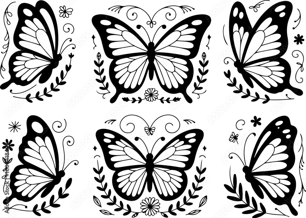 Obraz premium Butterfly and Rose Silhouette Pattern Vector