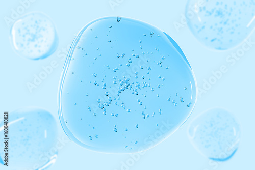 Blue transparent gel drop with air bubbles on aqua background. Abstract cosmetic texture, skincare serum or hyaluronic acid concept. Clean, minimal design for beauty and wellness themes.