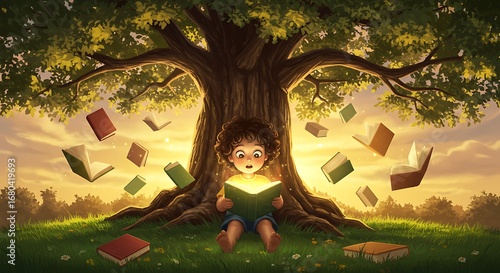An enchanting illustration of a young boy discovering the magical world of reading under a wise, ancient tree as glowing books float in the air