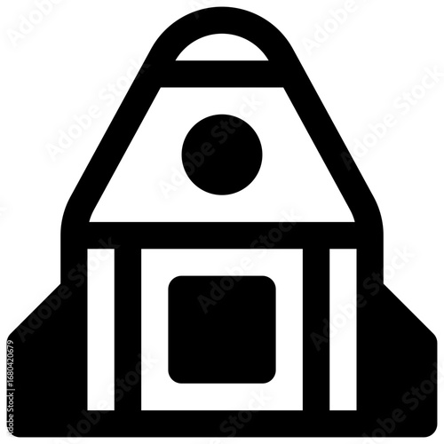 Cargo spacecraft. Outlined stroke vector icon with black-filled details.