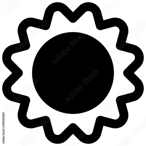 Sun. Outlined stroke vector icon with black-filled details.