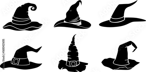 Witch hats collection. Vector silhouette. Halloween decoration.