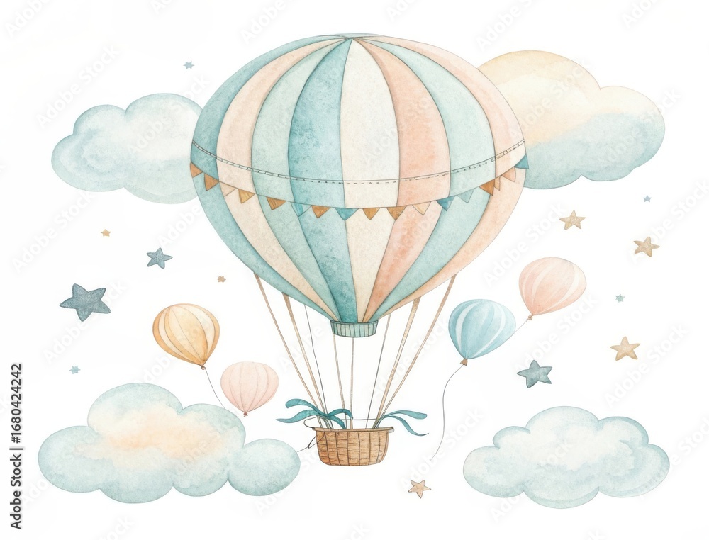 Obraz premium Whimsical watercolor hot air balloon with clouds and stars isolated on white background