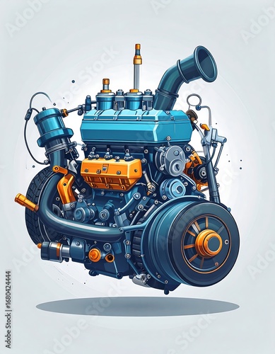 A detailed illustration of a futuristic engine, showcasing intricate mechanical components in vibrant blue and orange hues, set against a light gray backdrop.