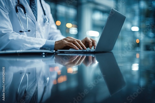 Doctor using laptop at a modern office desk