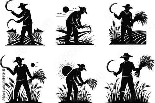 Traditional farmer silhouette, harvesting crops with sickle, rural agriculture scene, black and white vector, manual labor, field work, countryside illustration