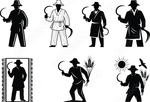 Traditional farmer silhouettes, sickle and wheat harvest, rural agriculture workers, vintage farming tools, countryside labor, black and white vector illustration, cultural heritage