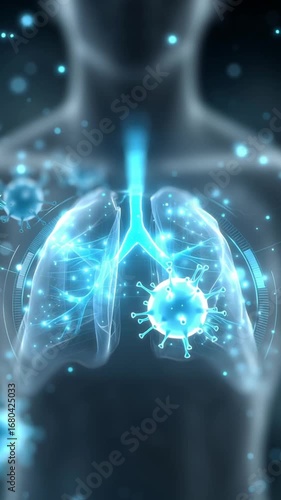 Medical hologram technology displays glowing digital human chest and lung with virus particles, showcasing futuristic healthcare innovation, digital respiratory disease analysis, and advanced