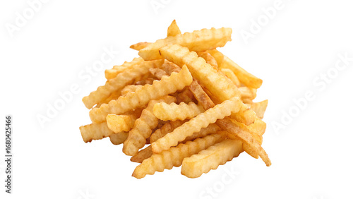 Fotografie Crispy crinkle-cut fries piled high on a white plate ready to be served a transp