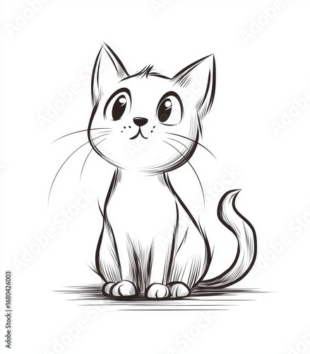 One-line drawing of cute cat with tail, simple minimal design in black lines on white background, clean vector art