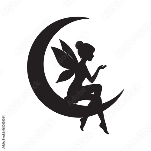 "Fairy Silhouette Sitting on Crescent Moon Clipart PNG"