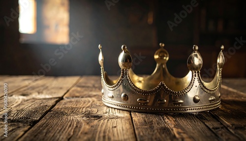 Golden crown rests on aged wooden table in dimly lit room