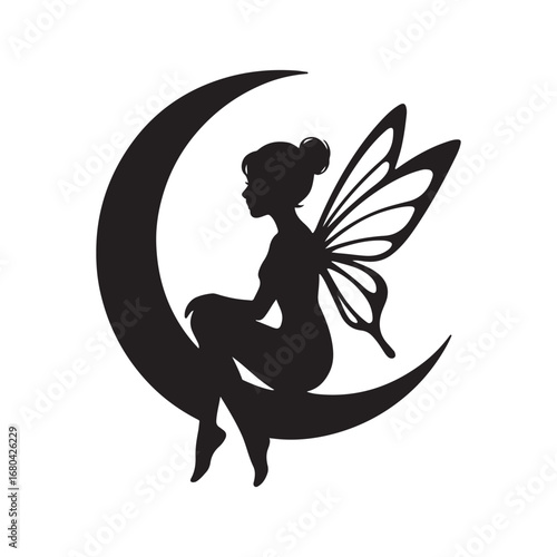 "Fairy Silhouette Sitting on Crescent Moon Clipart PNG"