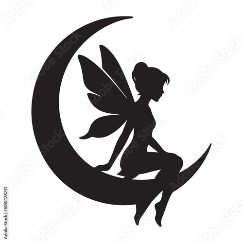 "Fairy Silhouette Sitting on Crescent Moon Clipart PNG"
