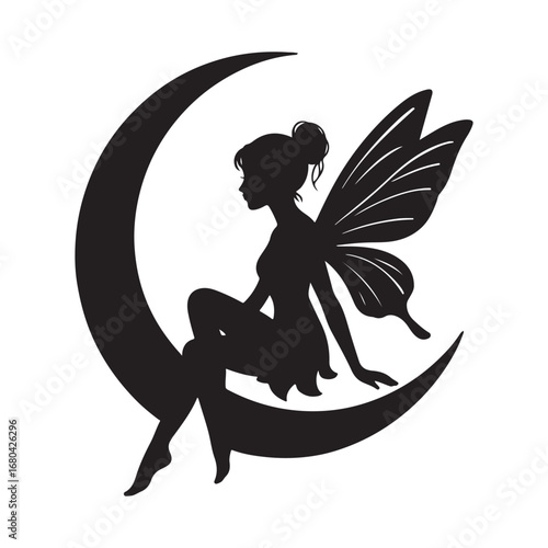 "Fairy Silhouette Sitting on Crescent Moon Clipart PNG"