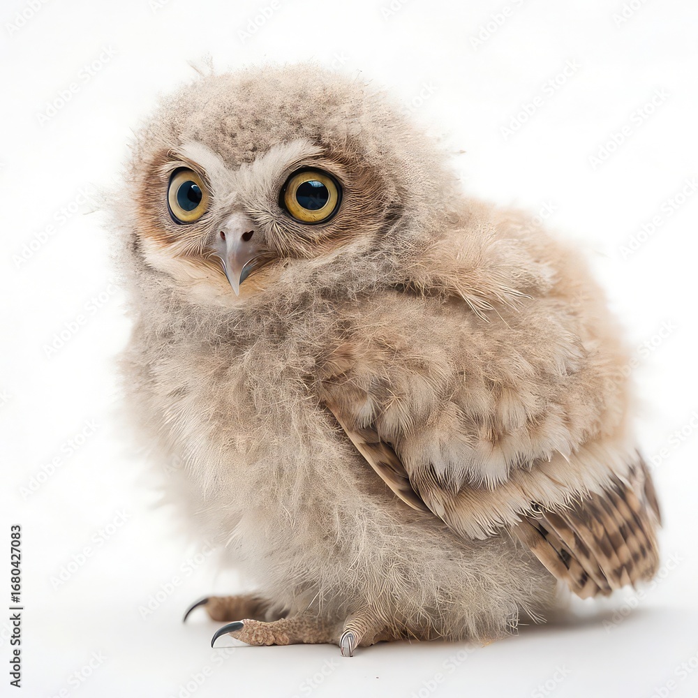Obraz premium Adorable fluffy owlet with large curious eyes sits on a white background looking at the camera