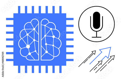 A neural network within a processor chip, microphone symbolizing voice input, and arrows indicating progress. Ideal for AI, machine learning, innovation, voice recognition, neural networks