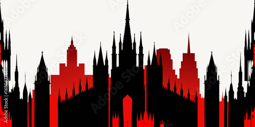 Gothic City Skyline Red and Black Silhouette