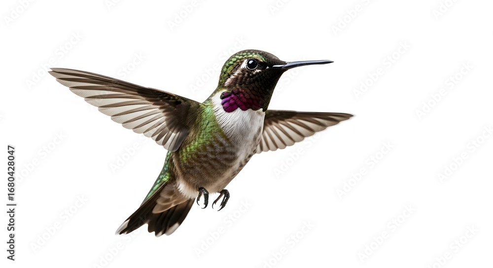 Fototapeta premium Tiny hummingbird in mid flight with iridescent plumage and extended wings