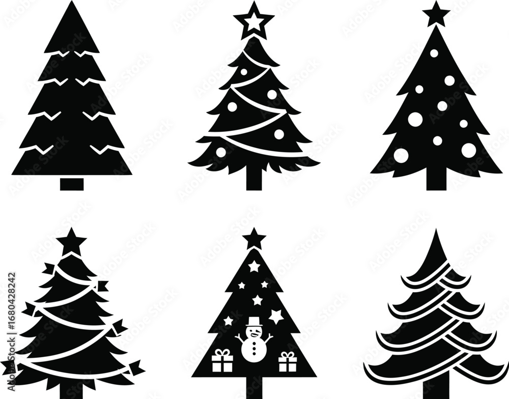 Obraz premium Minimal Christmas Tree Silhouettes Set, Festive Vector Icons