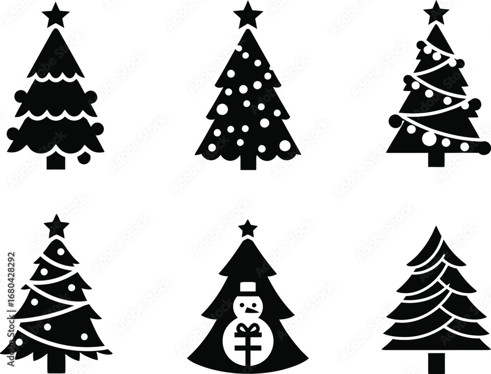 Obraz premium Minimal Christmas Tree Silhouettes Set, Festive Vector Icons