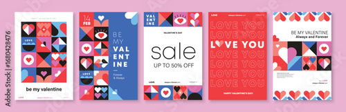 Set of Valentine's Day poster, greeting card, cover, label, sale promotion templates, pattern background in modern trendy geometric style.
