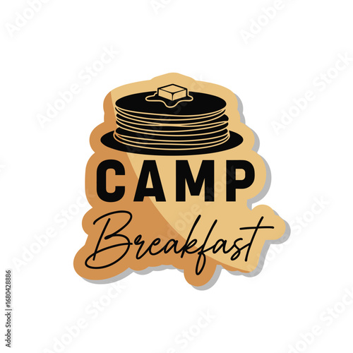 CAMP Breakfast logo with a stack of pancakes. Camping food illustration for a sticker or emblem. Morning meal graphic design.