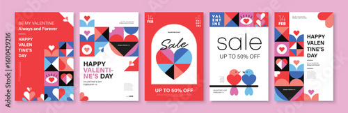 Set of Valentine's Day poster, greeting card, cover, label, sale promotion templates, pattern background in modern trendy geometric style.
