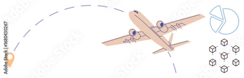Airplane flying along a dotted curved route toward destination marker with pie chart and stacked boxes. Ideal for delivery, logistics, travel, aviation, supply chain, data, global trade. Simple flat