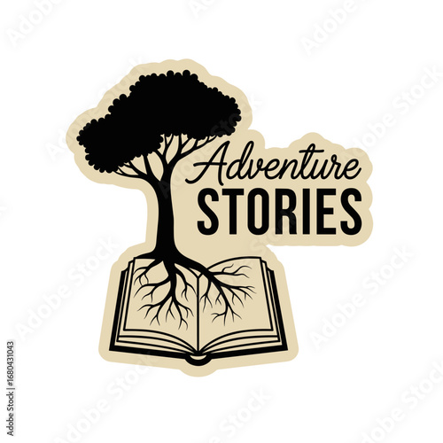 Adventure STORIES. A black silhouette of a tree with its roots spreading across the pages of an open book. A conceptual logo for reading and imagination.