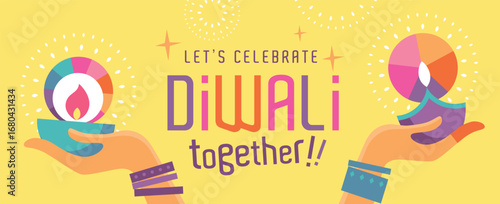 Happy Diwali Hindu festival poster with 2 Indian women's hands holding oil lamp and typography design.
