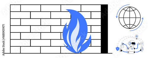 Brick wall with blue flame symbolizing firewall, globe illustrating global connectivity, robot icon for AI security. Ideal for cybersecurity, online safety, data protection, networking, AI, internet