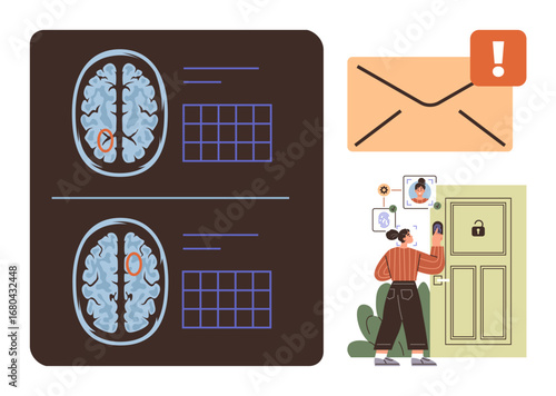 Brain scan images with data charts, an envelope with an alert icon, woman using a mobile app to unlock a smart door. Ideal for research, neuroscience, security, technology, healthcare, innovation
