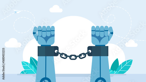 Robot Hands in handcuffs with chain.  Ai Robot in handcuffs. Crimes of artificial intelligence. Ethical use of AI.  The robot's hands are shackled with a closed lock. Vector illustration