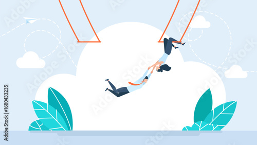 Woman holding man on acrobatic trapeze. Feminism concept. Trust, partnership and support to success, collaborate. Businessman trapeze perform jumping and catch by partner. Vector flat illustration