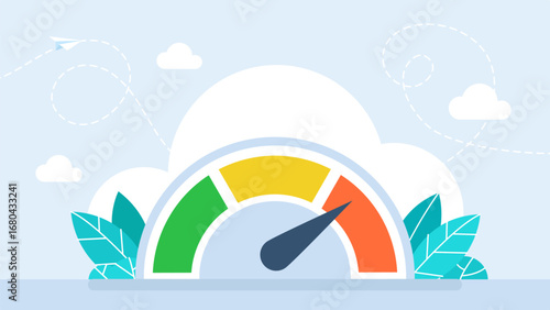 Speedometer icon. Gauge from low to high. Risk meter icon. Risk concept on speedometer. Vector illustration. Speedometer with red, yellow, green scale and arrow. Progress performance chart. 