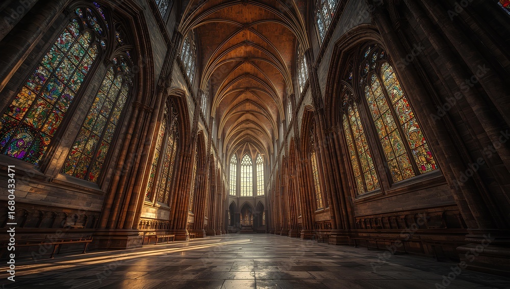 Fototapeta premium Inside St John the Baptist's Church, light pours through the historic windows, illuminating the magnificent Gothic arches, nave, and intricate religious art of the ancient interior