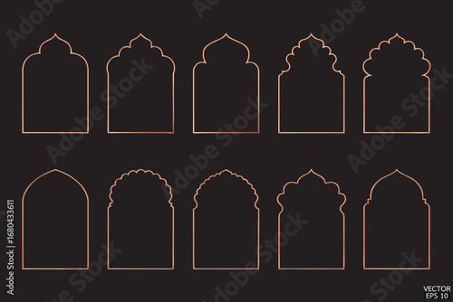 Simple copper arab arch geometric frames are isolated on black background. Luxury Rose Gold arabic islamic borders for invitations, templates, and decorative patterns. 3D vector illustration.