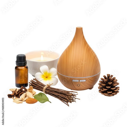 Aromatherapy diffuser with candle, oil and natural elements isolated PNG with Transparent Background
