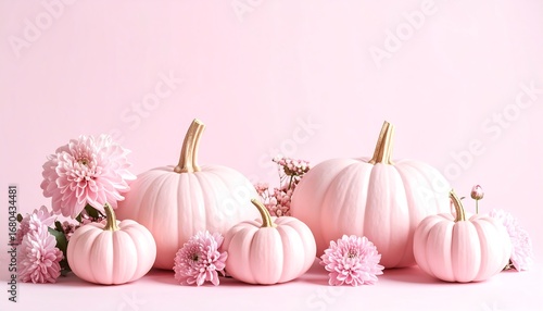 Pink pumpkins and flowers on a pink background