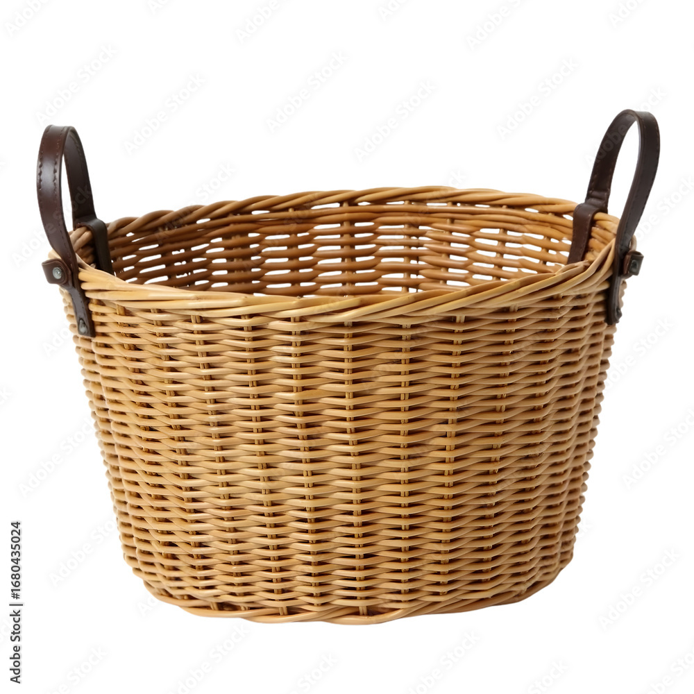 Obraz premium Wicker basket with leather handles isolated on transparent background