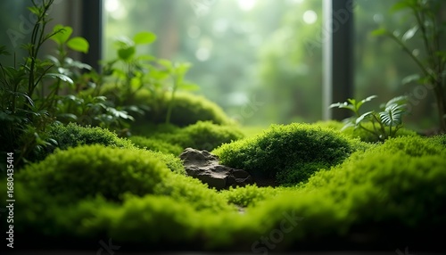 Close-up of a moss-filled terrarium, showcasing the intricate textures and patterns of the moss, with a shallow depth of field to highlight the details.