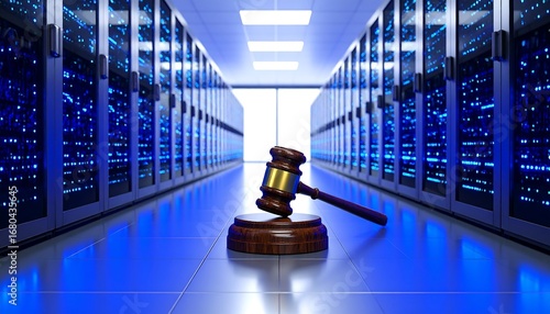 Judge's gavel in a server room, representing cybersecurity law