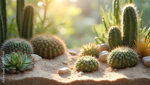 A desert terrarium featuring succulents, cacti, and arid plants, with a sandy substrate and small rocks, under a bright, direct sunlight simulating a desert environment.