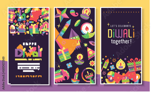 Set of happy Diwali Hindu festival posters design with colorful oil lamps, lanterns, fireworks and gift icons.
