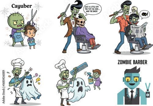 Funny zombie barbers giving haircuts to humans and ghosts, cartoon Halloween illustration with spooky salon scenes and horror humor elements