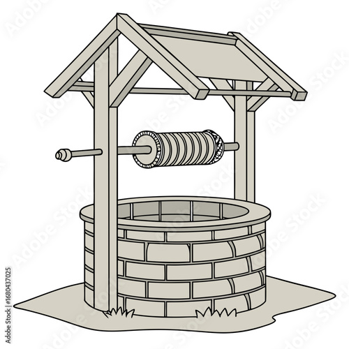 A simple illustrative drawing of a traditional wooden wishing well with a brick base and a crank